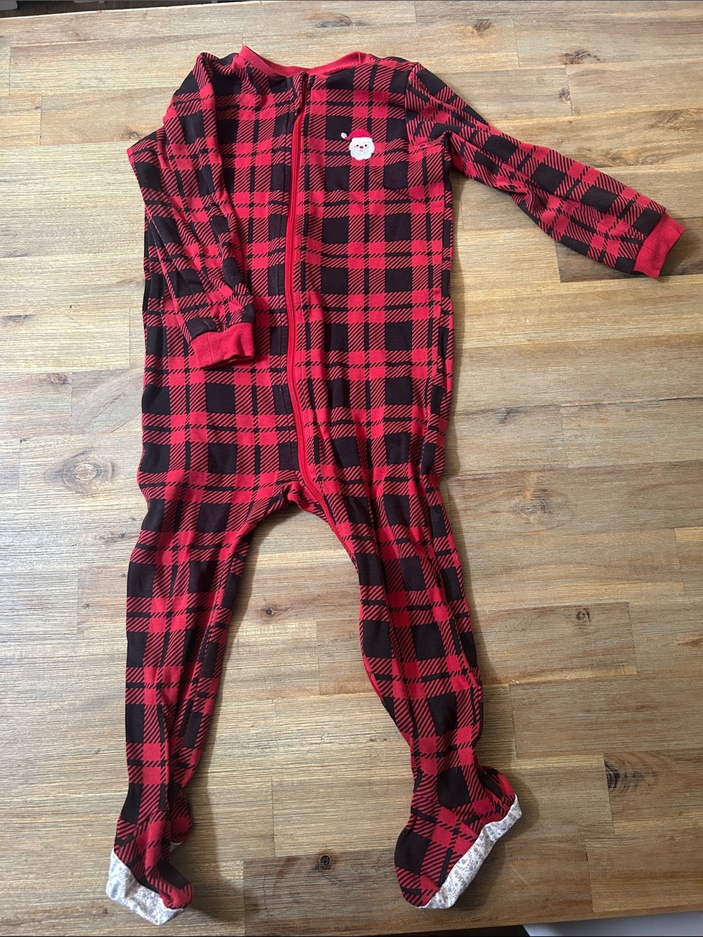 Kids Red and Black Plaid Holiday One-Piece Pajamas with Santa Patch